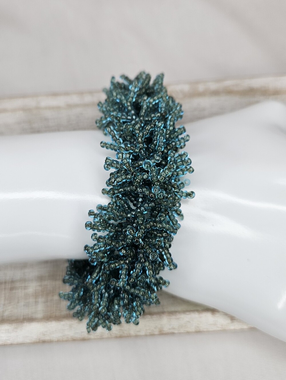Vintage Artisan Teal Glass Seed Bead Loop Cluster Fringe Bracelet 8"